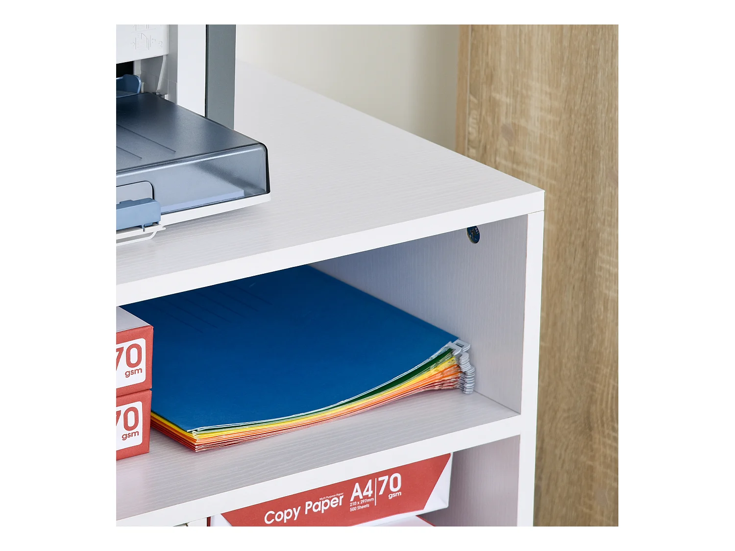 HOMCOM Support d'imprimante organiseur bureau caisson placard porte 3 niches + grand plateau panneaux particules blanc