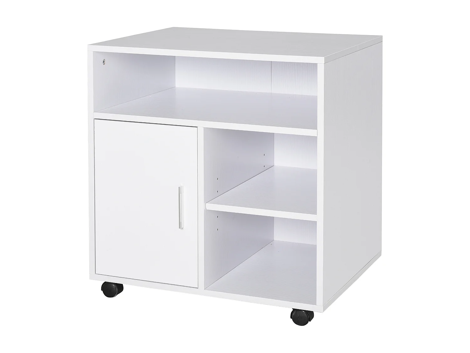 HOMCOM Support d'imprimante organiseur bureau caisson placard porte 3 niches + grand plateau panneaux particules blanc