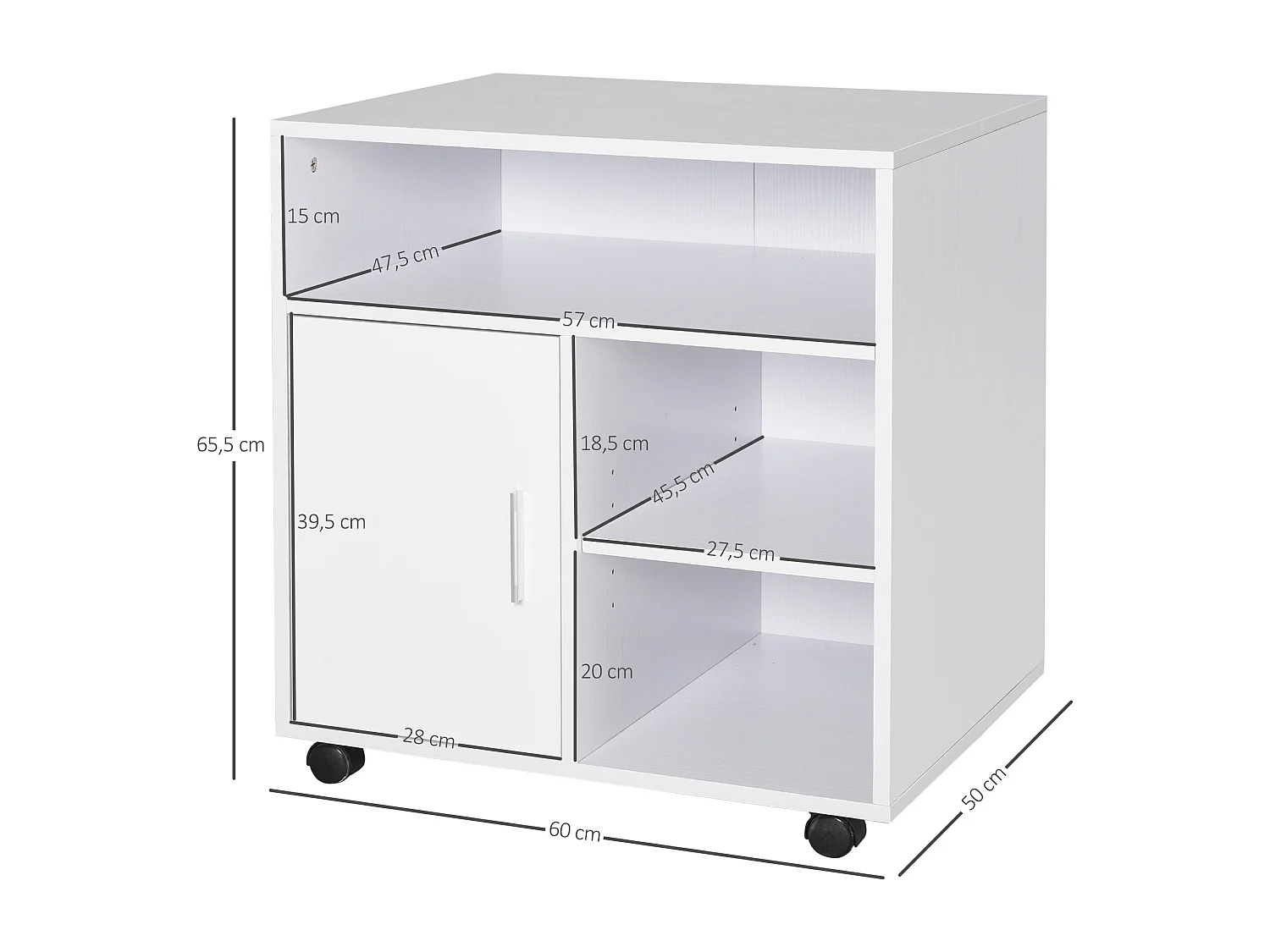 HOMCOM Support d'imprimante organiseur bureau caisson placard porte 3 niches + grand plateau panneaux particules blanc