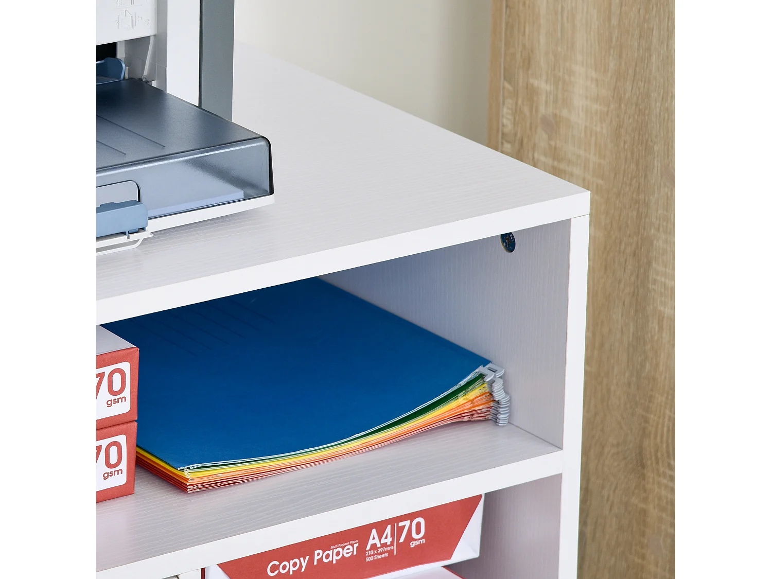 HOMCOM Support d'imprimante organiseur bureau caisson placard porte 3 niches + grand plateau panneaux particules blanc