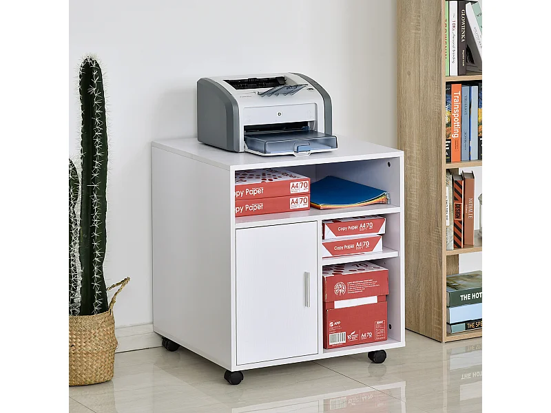 HOMCOM Support d'imprimante organiseur bureau caisson placard porte 3 niches + grand plateau panneaux particules blanc