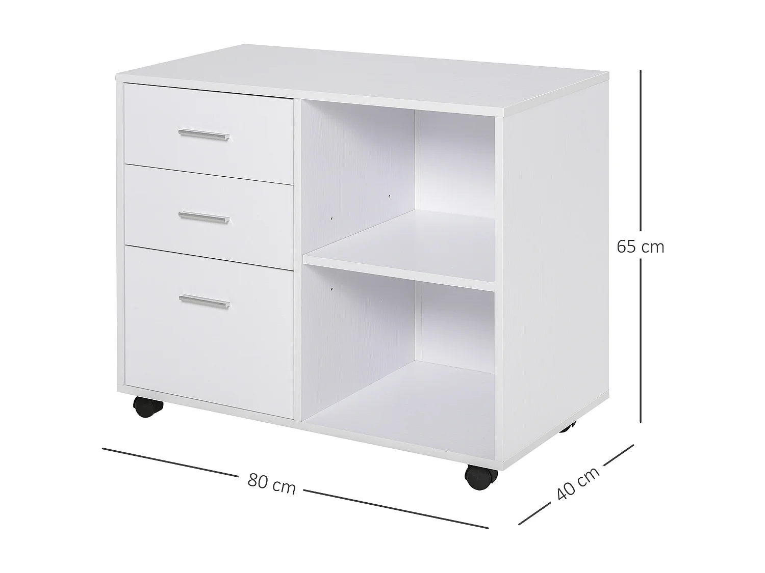 HOMCOM Support d'imprimante organiseur bureau caisson 3 tiroirs + 2 niches + grand plateau panneaux particules blanc