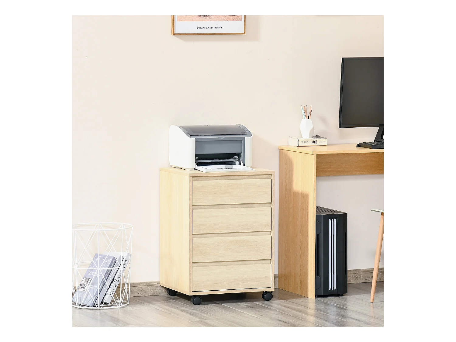 Caisson de bureau rangement bureau sur roulettes 4 tiroirs coulissants MDF aspect bois clair