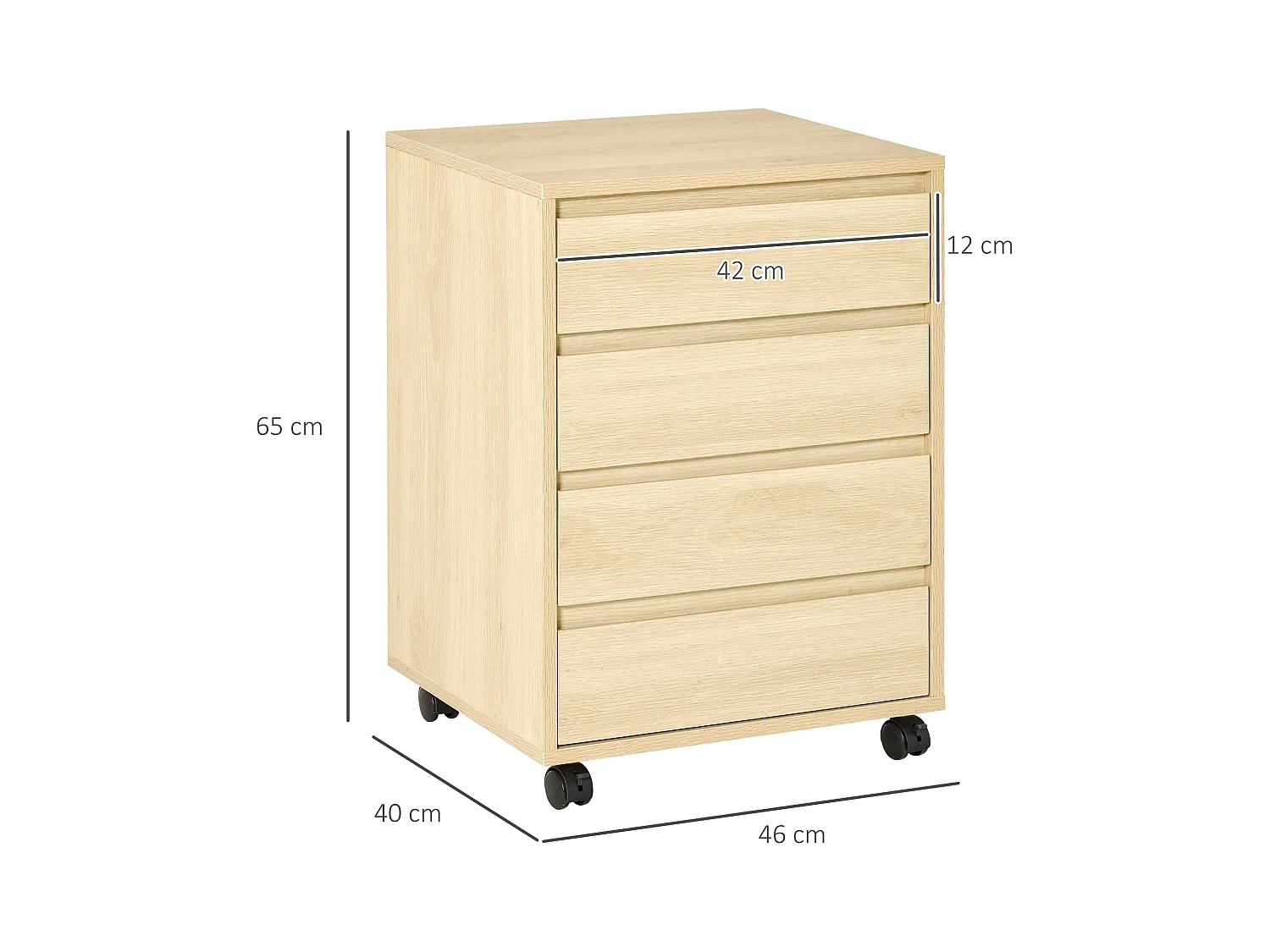 Caisson de bureau rangement bureau sur roulettes 4 tiroirs coulissants MDF aspect bois clair