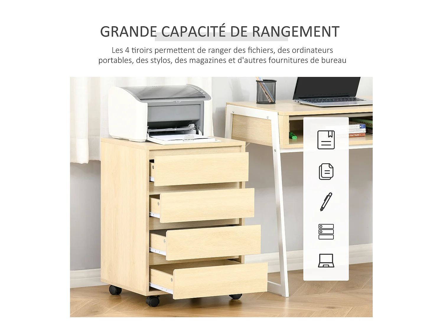 Caisson de bureau rangement bureau sur roulettes 4 tiroirs coulissants MDF aspect bois clair