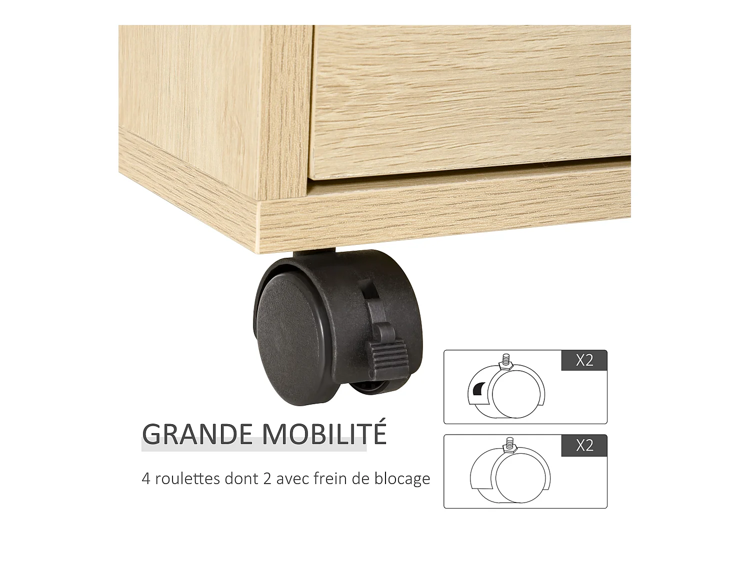 Caisson de bureau rangement bureau sur roulettes 4 tiroirs coulissants MDF aspect bois clair