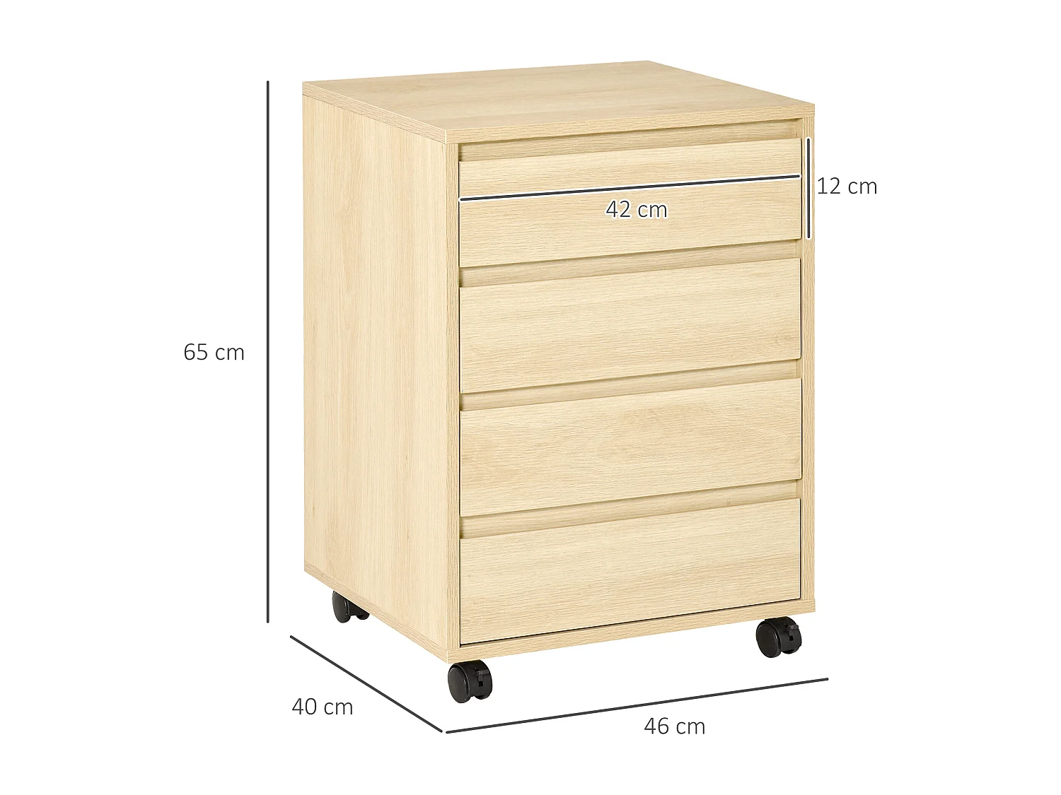 Caisson de bureau rangement bureau sur roulettes 4 tiroirs coulissants MDF aspect bois clair