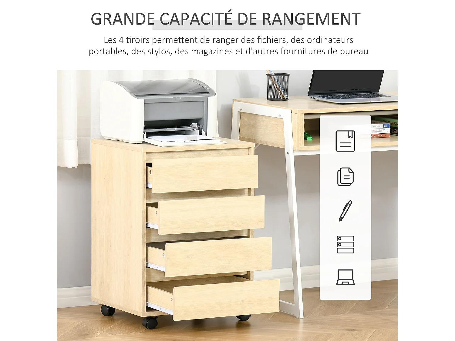 Caisson de bureau rangement bureau sur roulettes 4 tiroirs coulissants MDF aspect bois clair