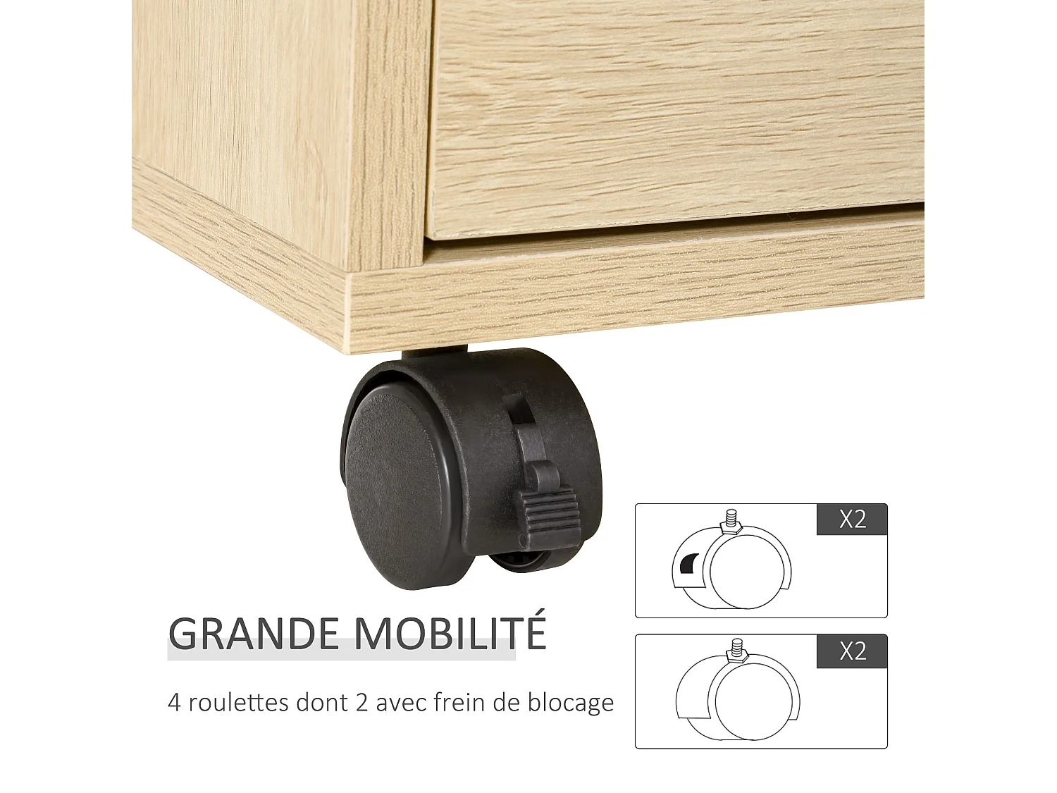 Caisson de bureau rangement bureau sur roulettes 4 tiroirs coulissants MDF aspect bois clair