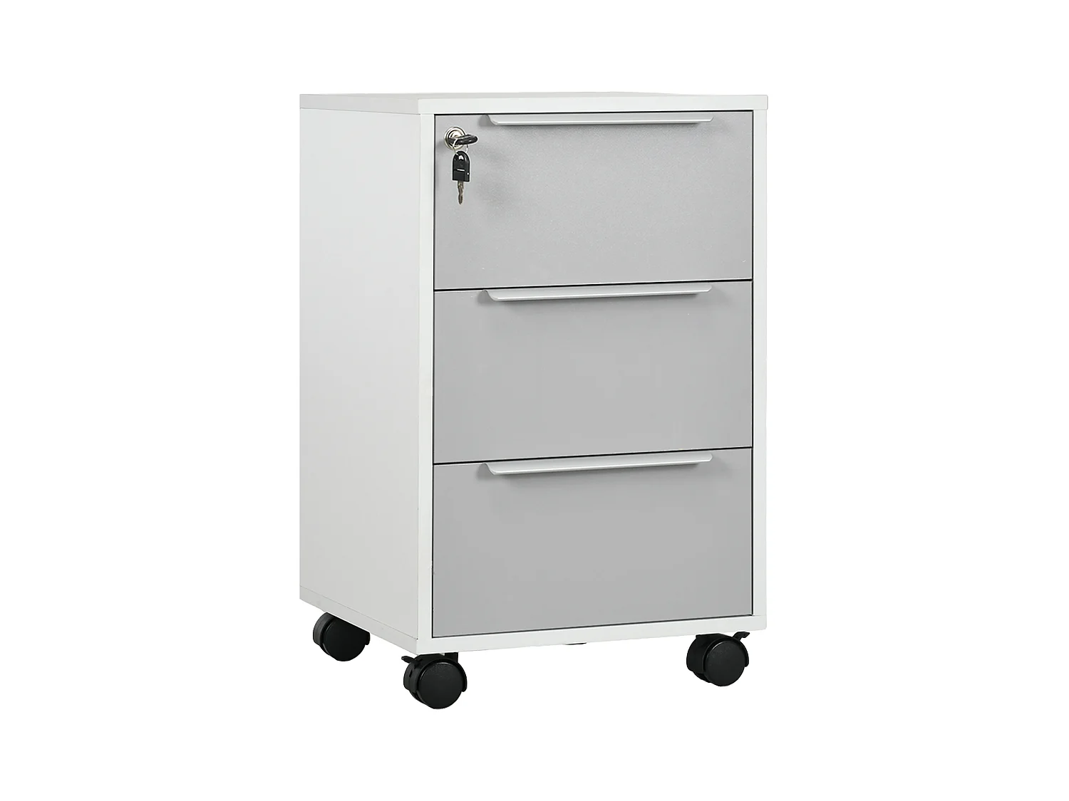 Caisson de bureau rangement bureau sur roulettes 3 tiroirs verrouillables 2 clés fournies panneaux gris blanc