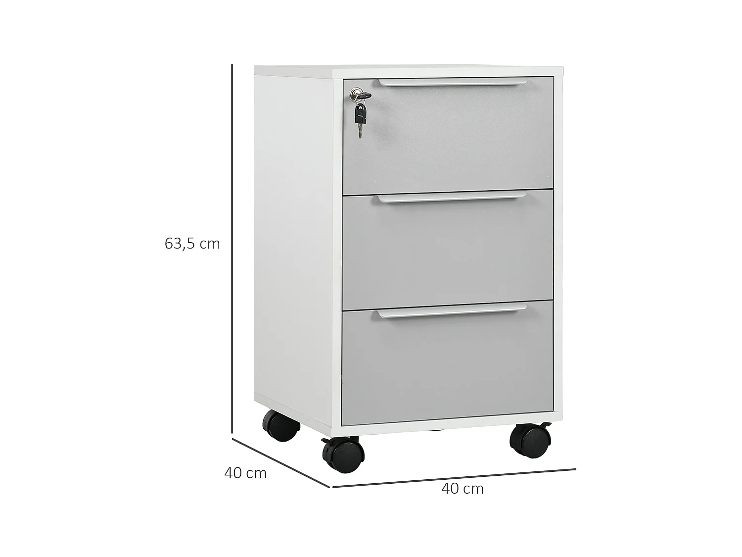 Caisson de bureau rangement bureau sur roulettes 3 tiroirs verrouillables 2 clés fournies panneaux gris blanc