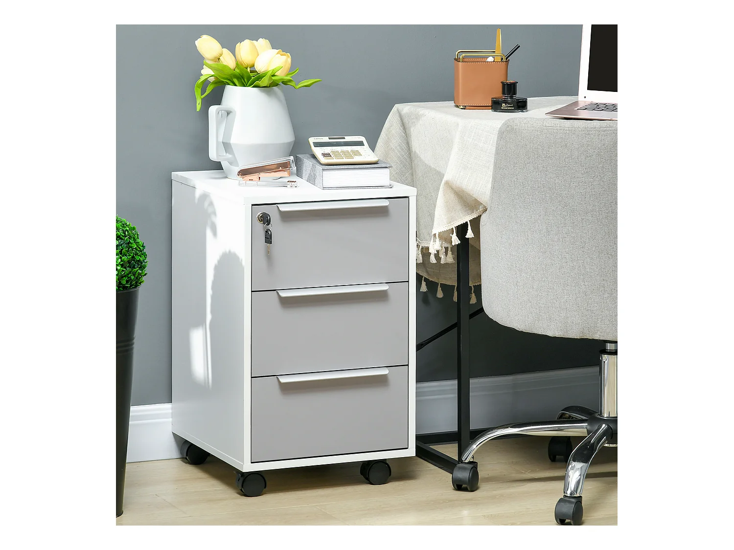 Caisson de bureau rangement bureau sur roulettes 3 tiroirs verrouillables 2 clés fournies panneaux gris blanc