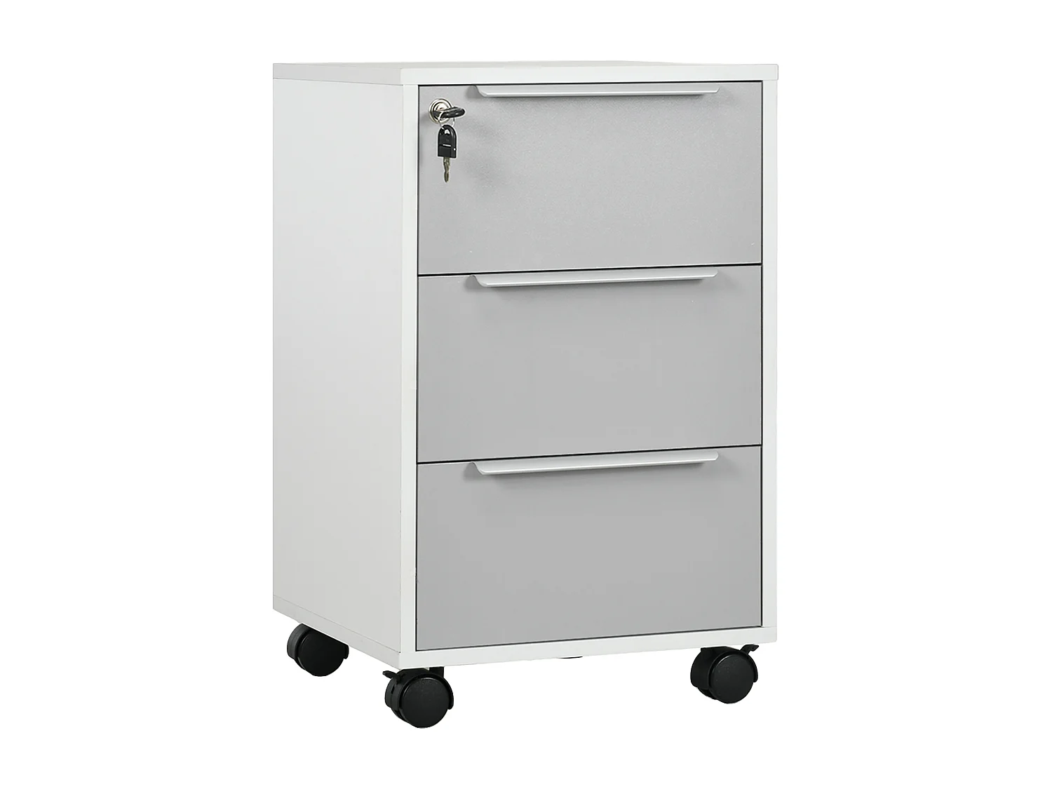 Caisson de bureau rangement bureau sur roulettes 3 tiroirs verrouillables 2 clés fournies panneaux gris blanc
