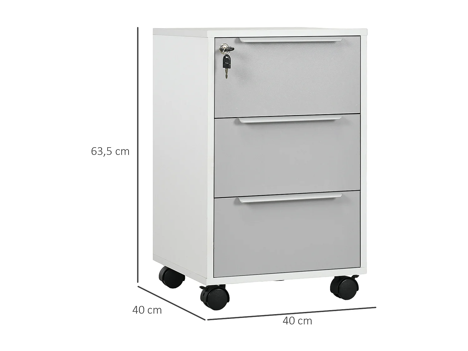 Caisson de bureau rangement bureau sur roulettes 3 tiroirs verrouillables 2 clés fournies panneaux gris blanc