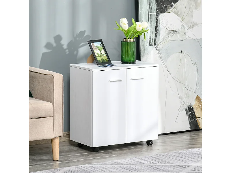 Support d'imprimante organiseur bureau caisson 2 portes avec étagère grand plateau panneaux particules blanc