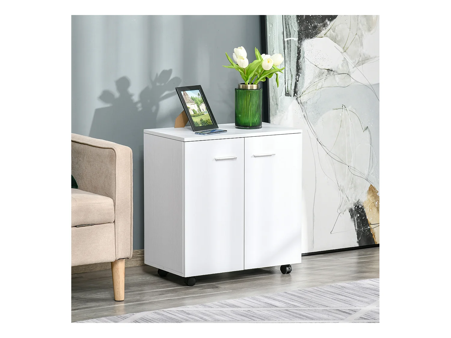 Support d'imprimante organiseur bureau caisson 2 portes avec étagère grand plateau panneaux particules blanc