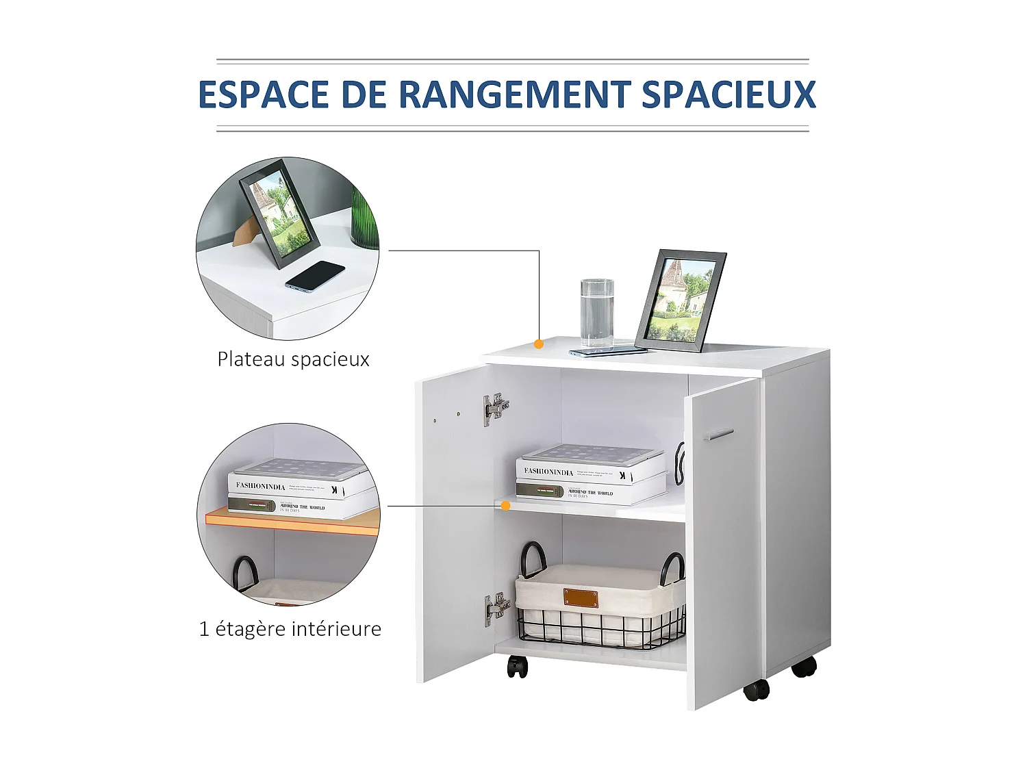 Support d'imprimante organiseur bureau caisson 2 portes avec étagère grand plateau panneaux particules blanc