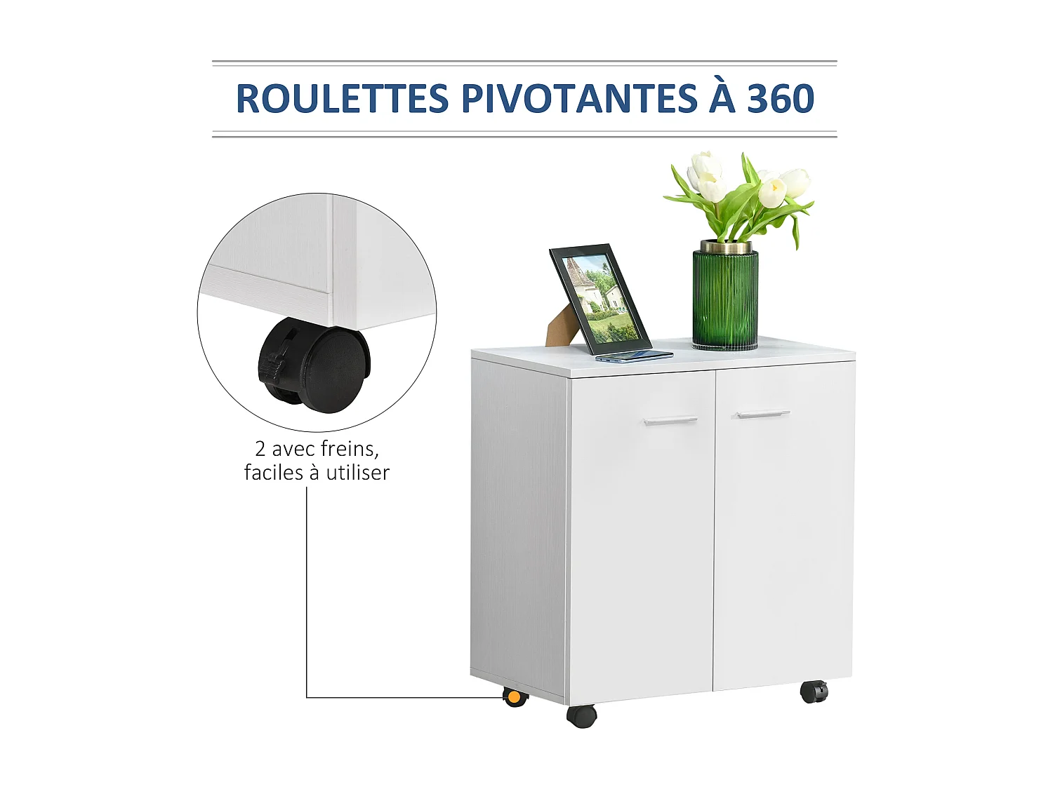 Support d'imprimante organiseur bureau caisson 2 portes avec étagère grand plateau panneaux particules blanc