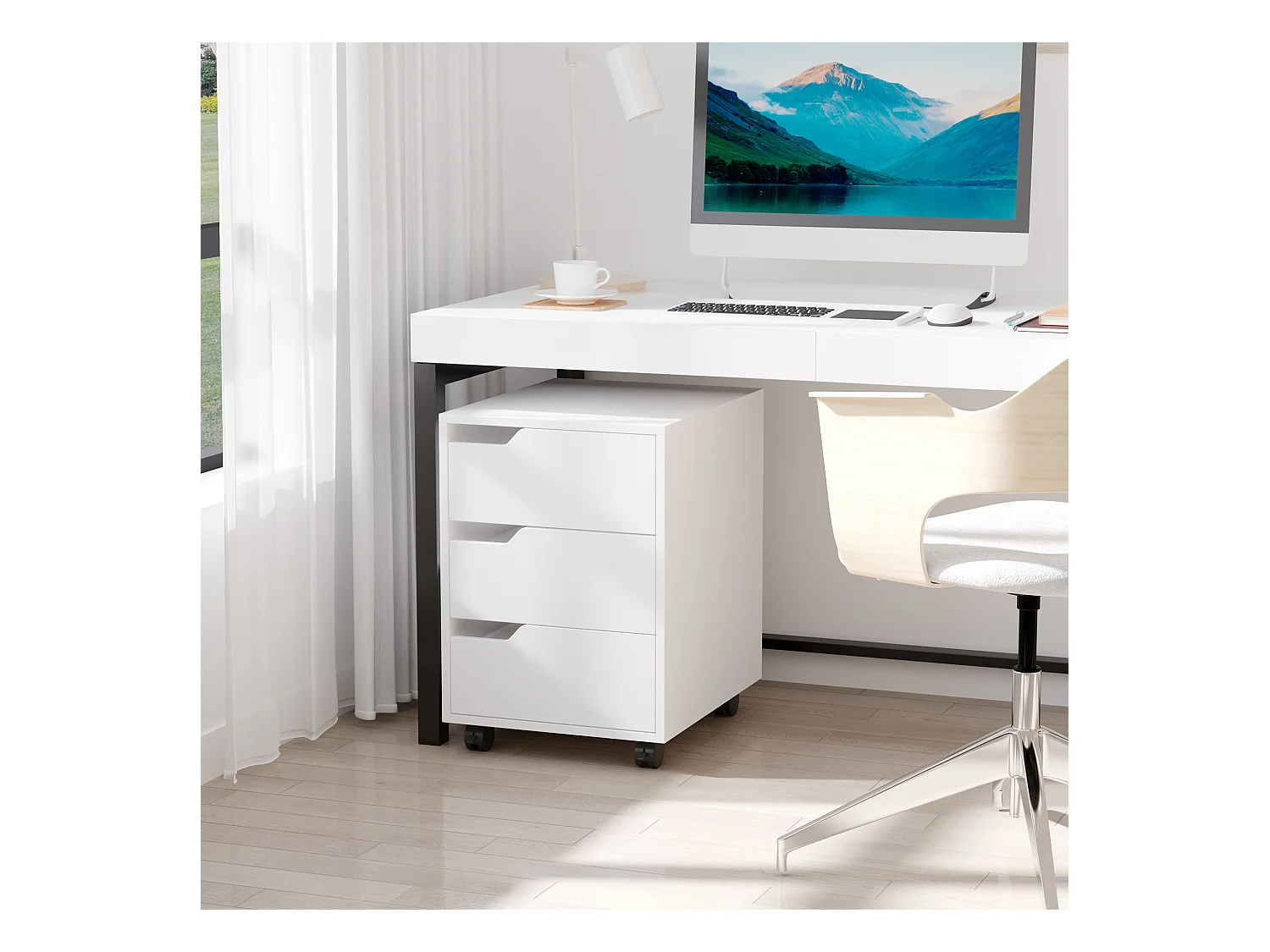 Caisson de bureau rangement sur roulettes 3 tiroirs verrouillables 40 x 50 x 57,5 cm MDF blanc