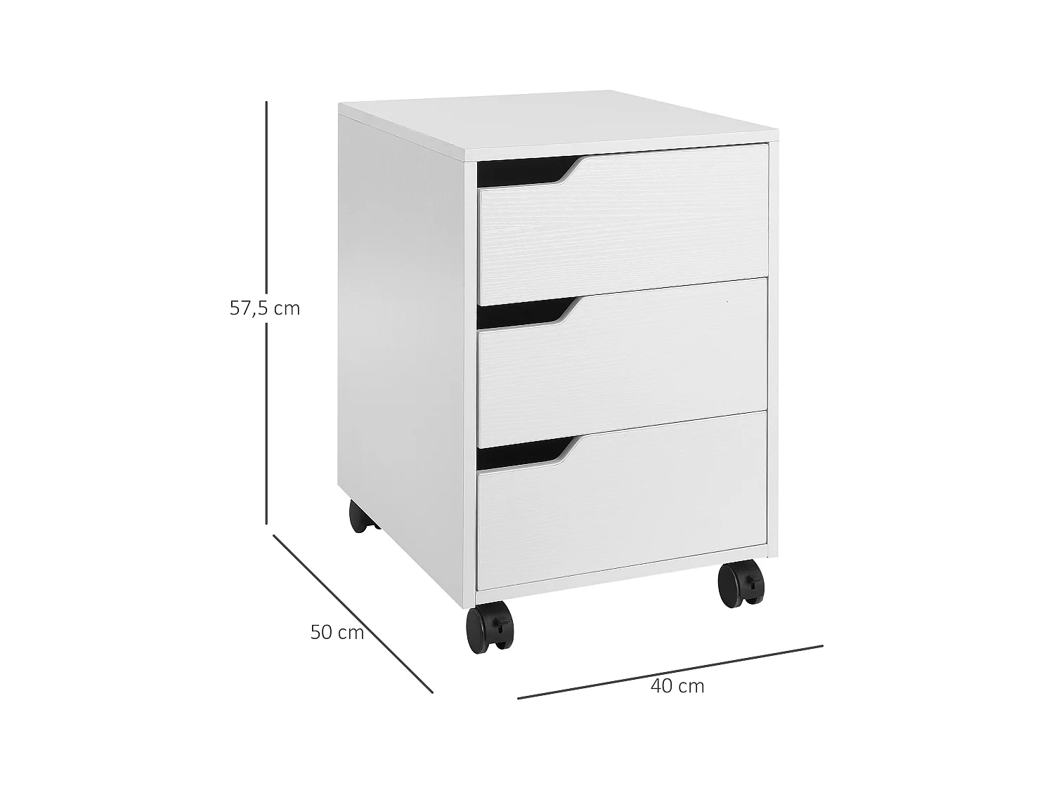 Caisson de bureau rangement sur roulettes 3 tiroirs verrouillables 40 x 50 x 57,5 cm MDF blanc