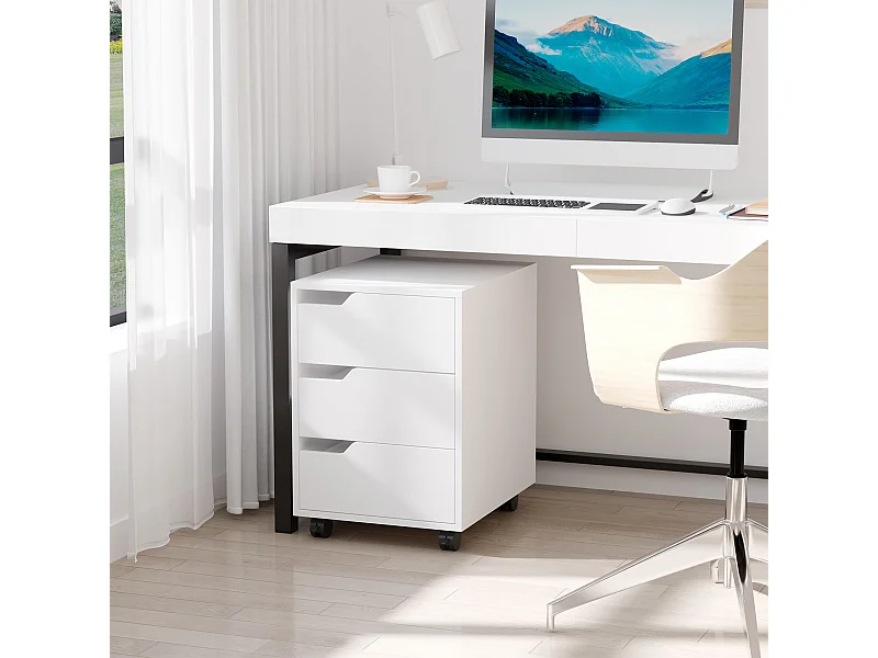 Caisson de bureau rangement sur roulettes 3 tiroirs verrouillables 40 x 50 x 57,5 cm MDF blanc