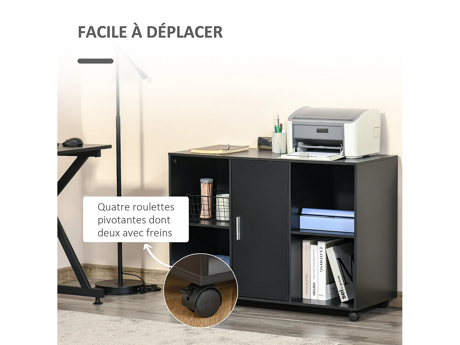 Vinsetto Support d'imprimante - caisson organiseur bureau - 4 niches, placard porte, grand plateau - panneaux particules noir