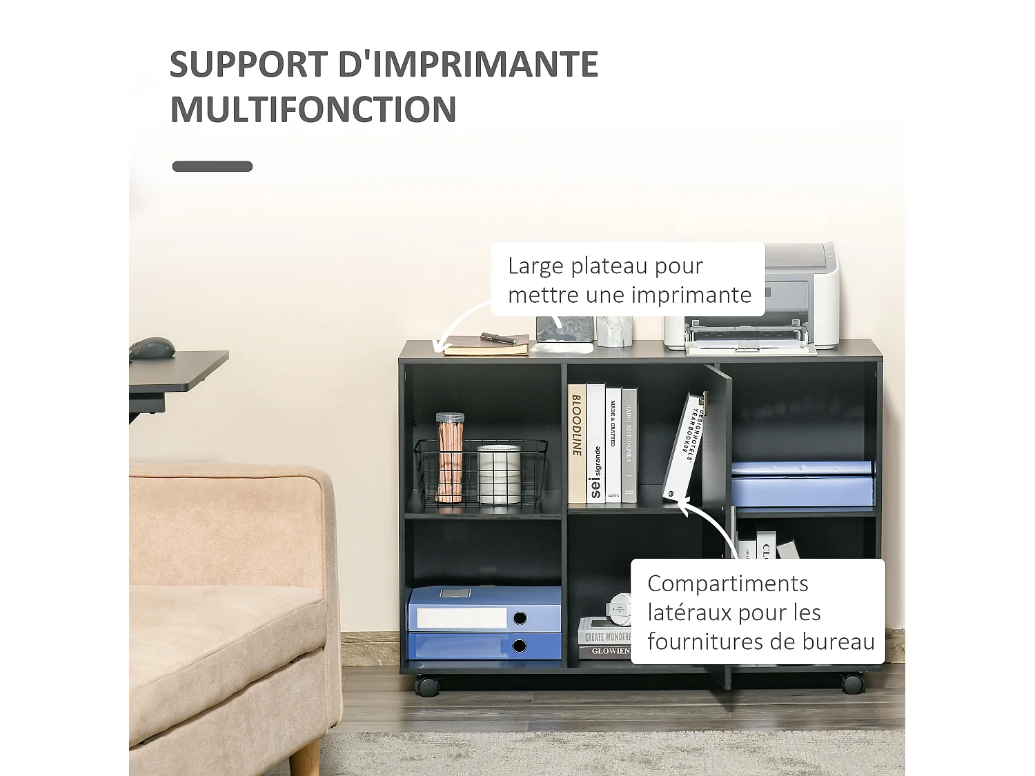 Vinsetto Support d'imprimante - caisson organiseur bureau - 4 niches, placard porte, grand plateau - panneaux particules noir