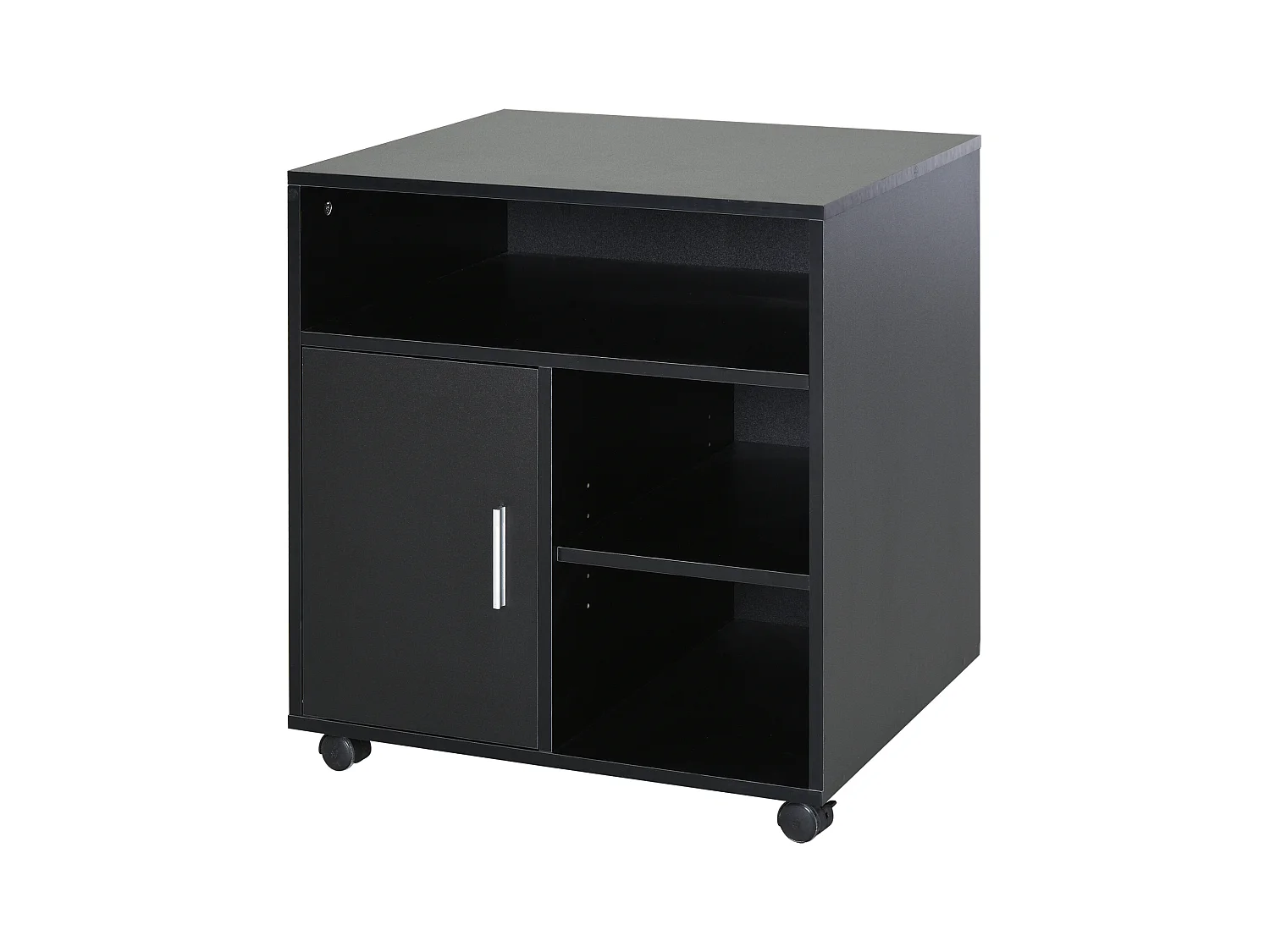 HOMCOM Support d'imprimante organiseur bureau caisson placard porte 3 niches + grand plateau panneaux particules noir