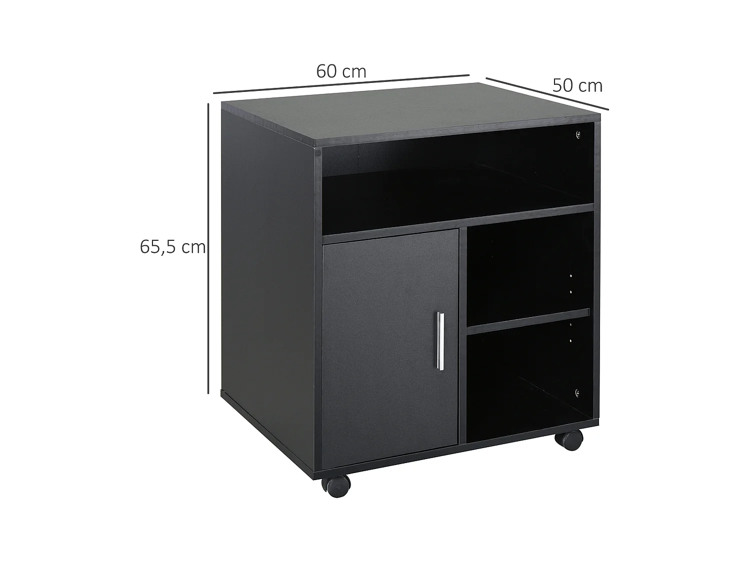 HOMCOM Support d'imprimante organiseur bureau caisson placard porte 3 niches + grand plateau panneaux particules noir