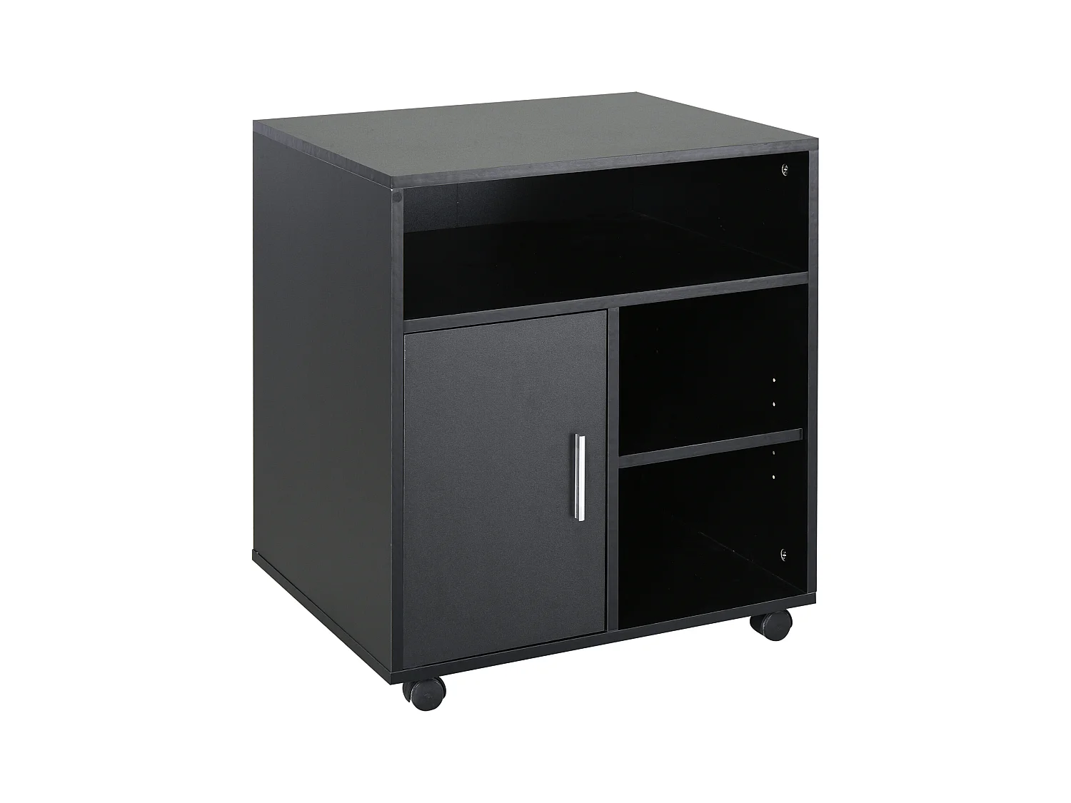 HOMCOM Support d'imprimante organiseur bureau caisson placard porte 3 niches + grand plateau panneaux particules noir