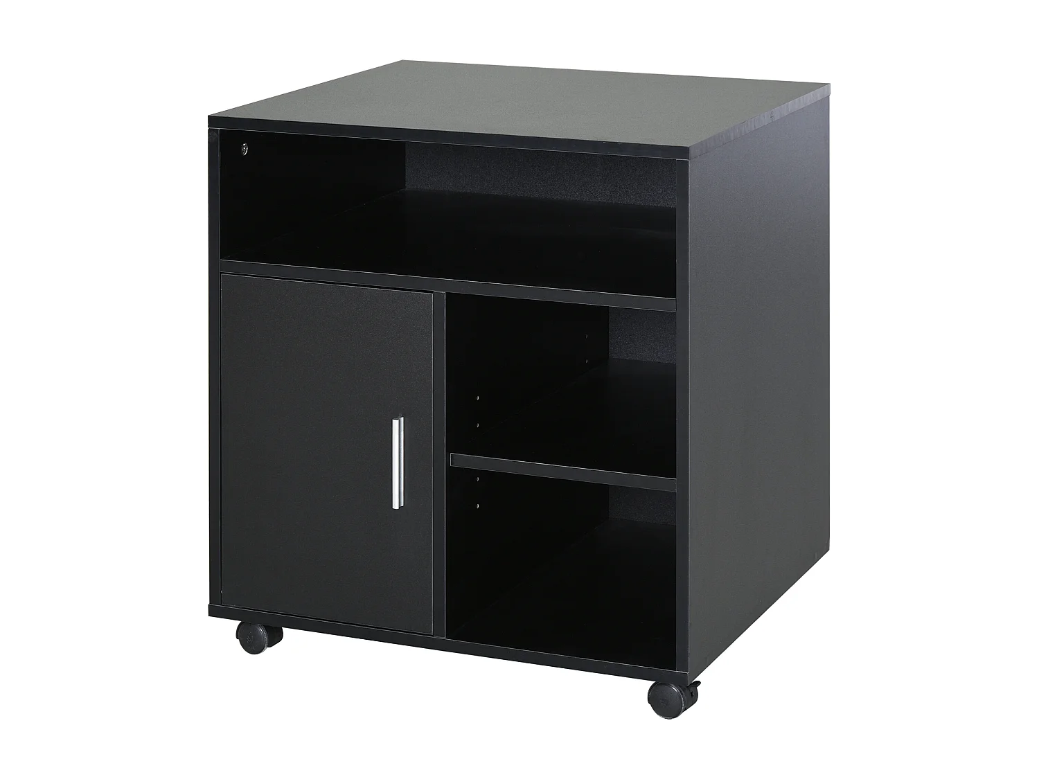 HOMCOM Support d'imprimante organiseur bureau caisson placard porte 3 niches + grand plateau panneaux particules noir