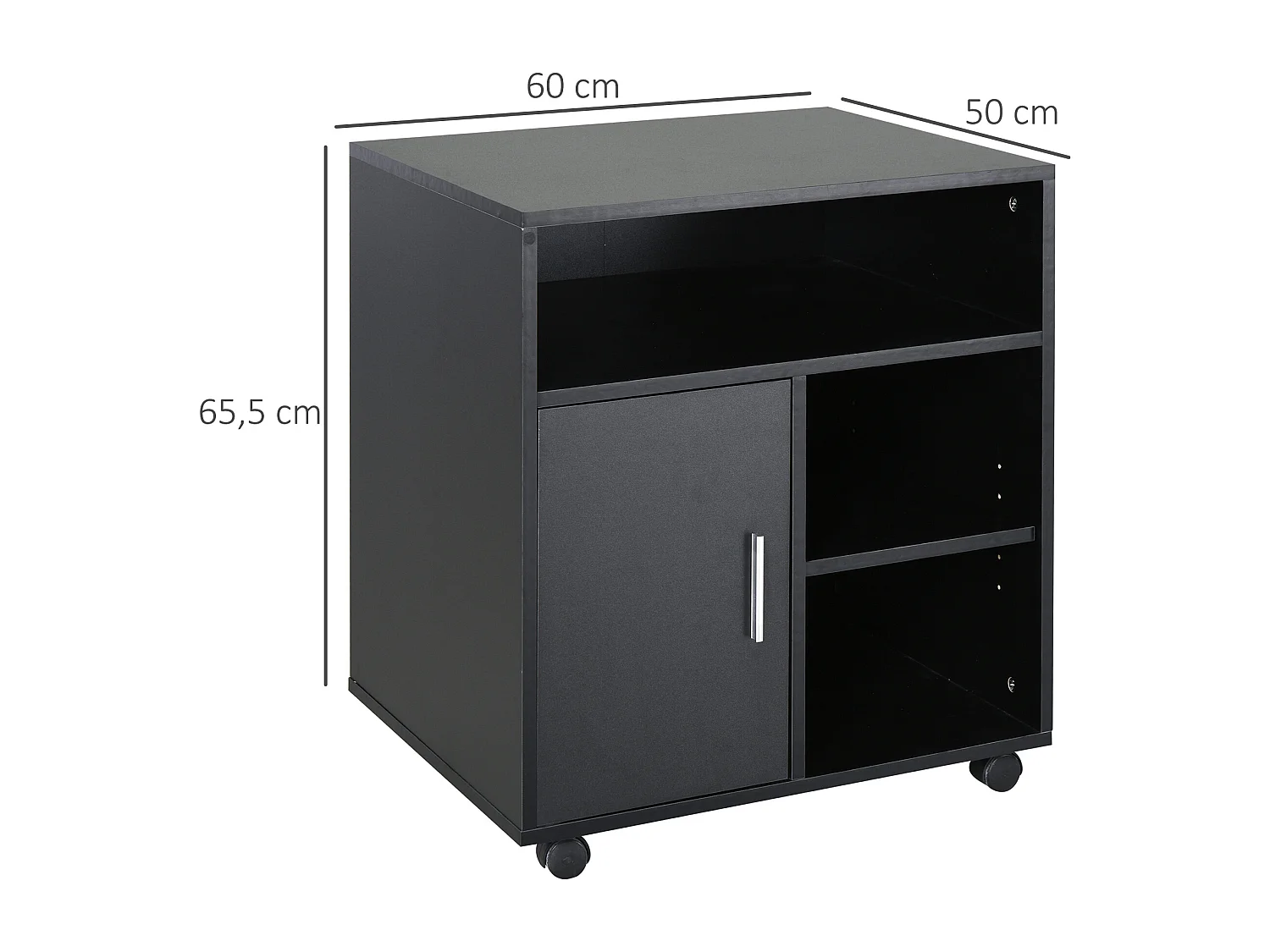 HOMCOM Support d'imprimante organiseur bureau caisson placard porte 3 niches + grand plateau panneaux particules noir