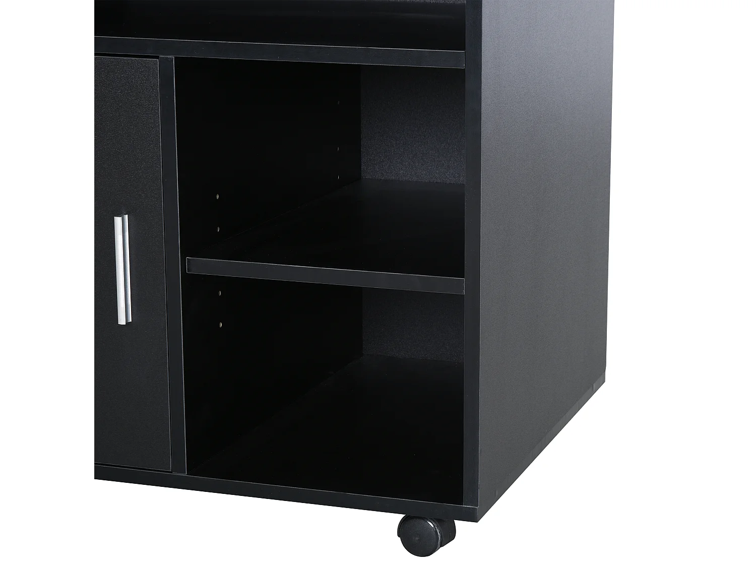HOMCOM Support d'imprimante organiseur bureau caisson placard porte 3 niches + grand plateau panneaux particules noir