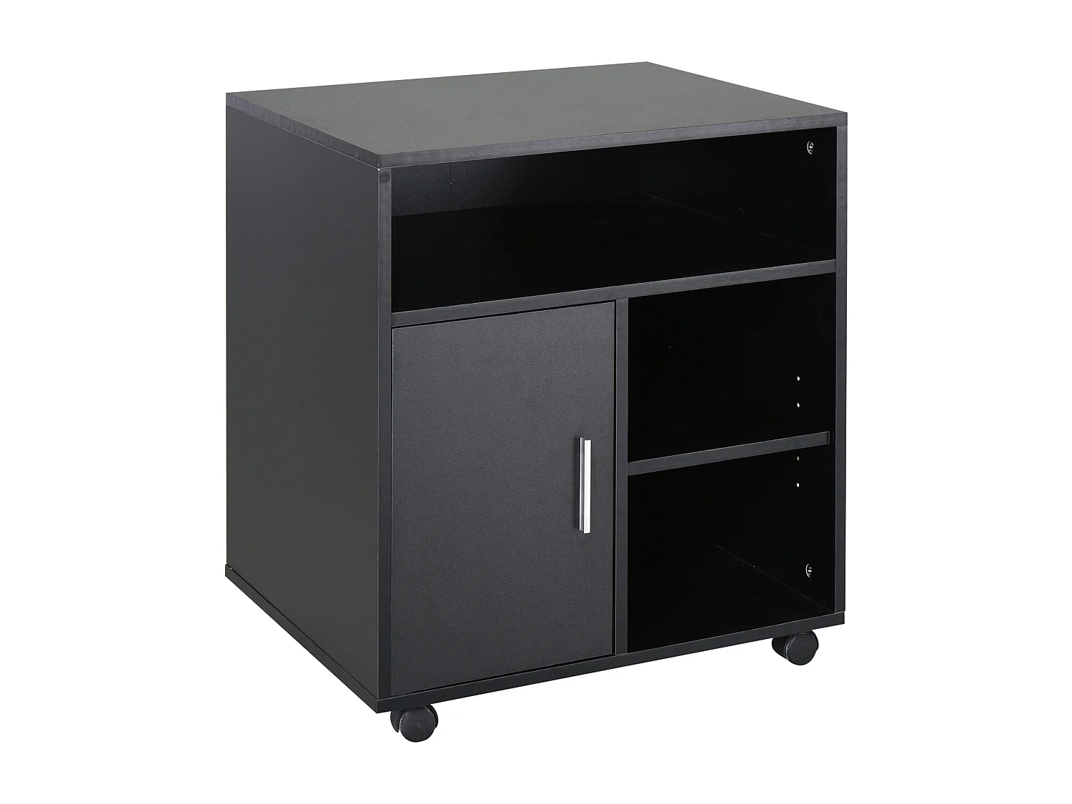 HOMCOM Support d'imprimante organiseur bureau caisson placard porte 3 niches + grand plateau panneaux particules noir