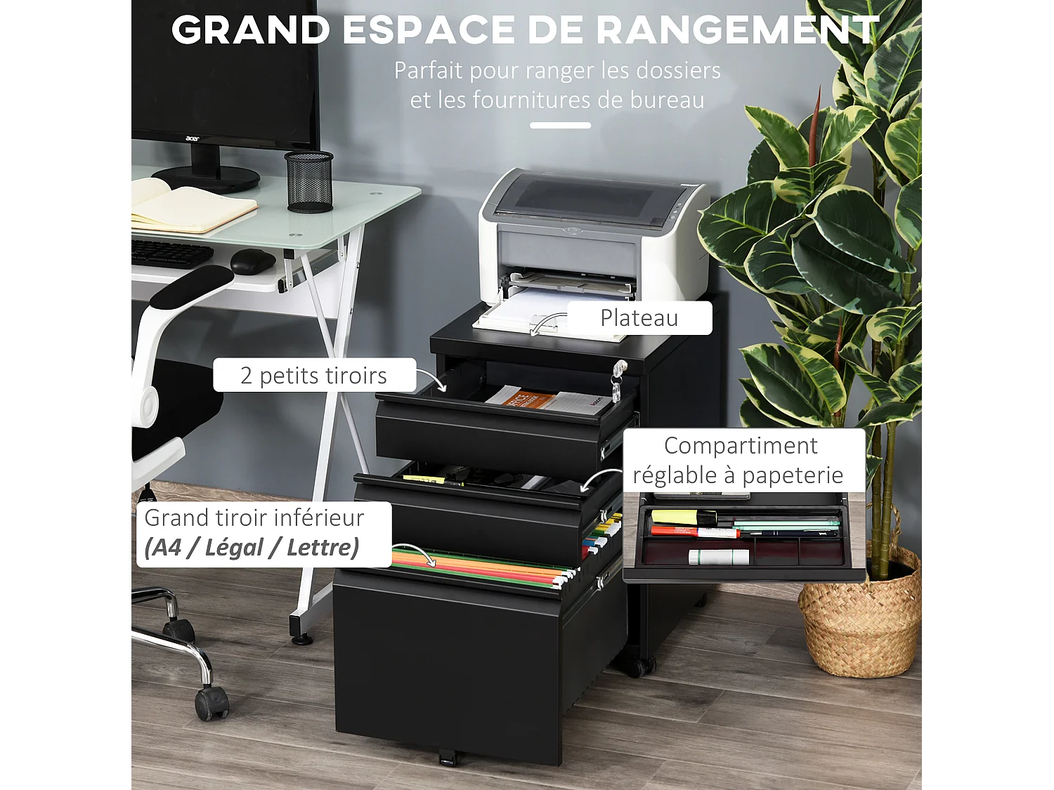 HOMCOM Caisson de Bureau Rangement Bureau sur Roulettes 3 Tiroirs Verrouillables 39l x 48P x 60H cm noir