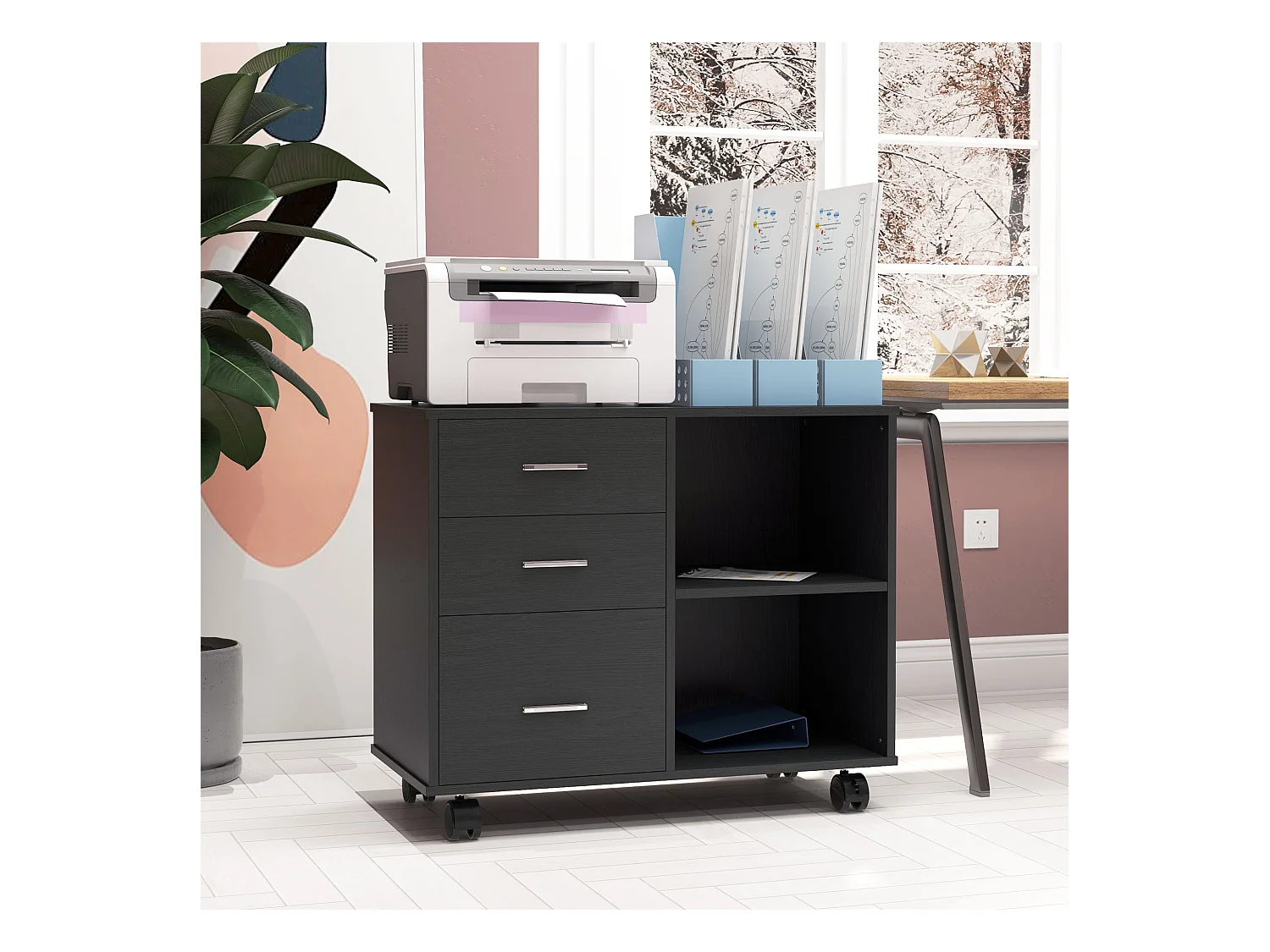 HOMCOM Support d'imprimante organiseur bureau caisson 3 tiroirs + 2 niches + grand plateau panneaux particules noir