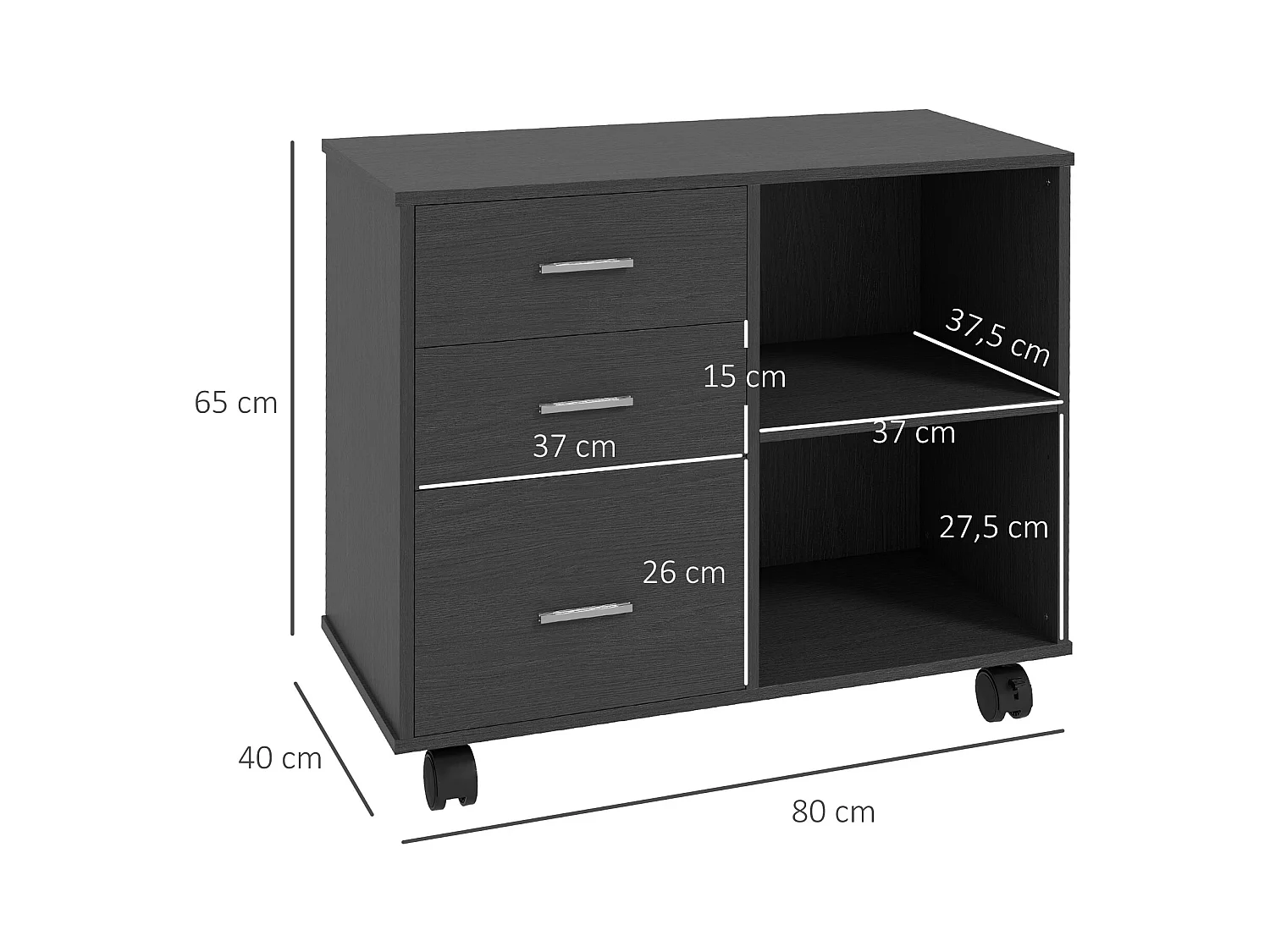 HOMCOM Support d'imprimante organiseur bureau caisson 3 tiroirs + 2 niches + grand plateau panneaux particules noir