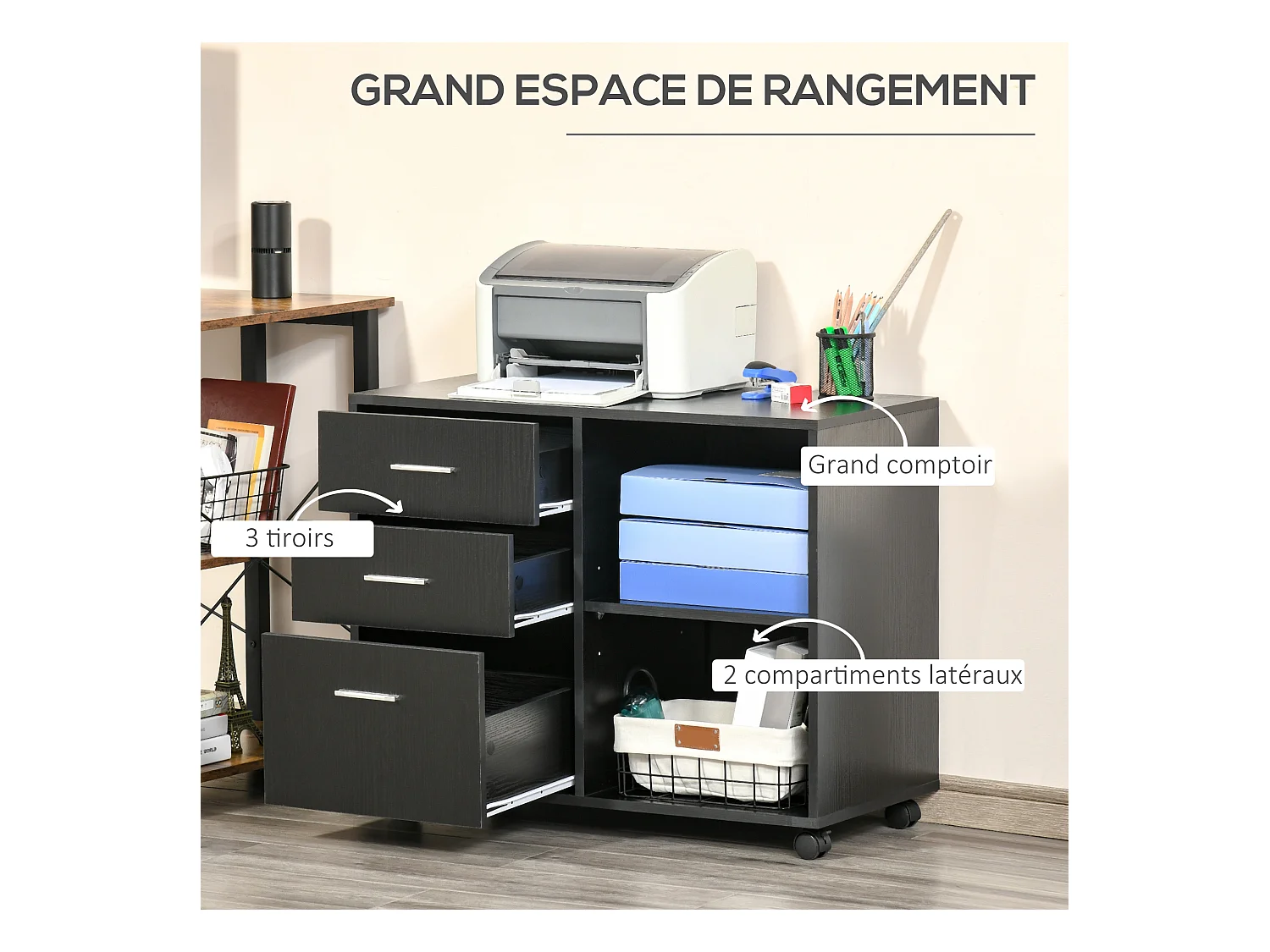 HOMCOM Support d'imprimante organiseur bureau caisson 3 tiroirs + 2 niches + grand plateau panneaux particules noir