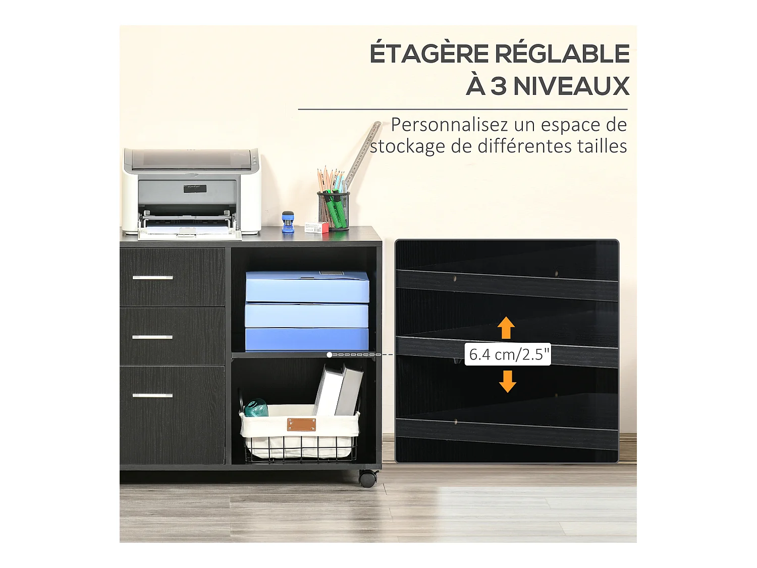 HOMCOM Support d'imprimante organiseur bureau caisson 3 tiroirs + 2 niches + grand plateau panneaux particules noir