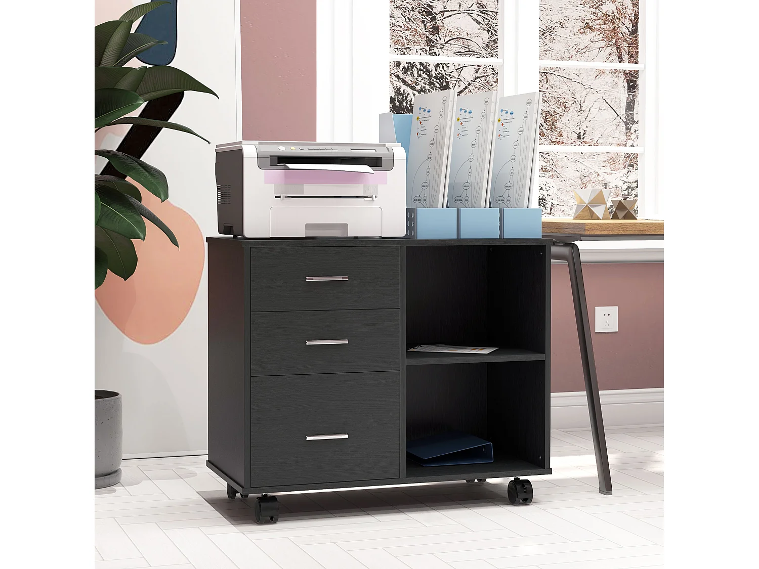 HOMCOM Support d'imprimante organiseur bureau caisson 3 tiroirs + 2 niches + grand plateau panneaux particules noir