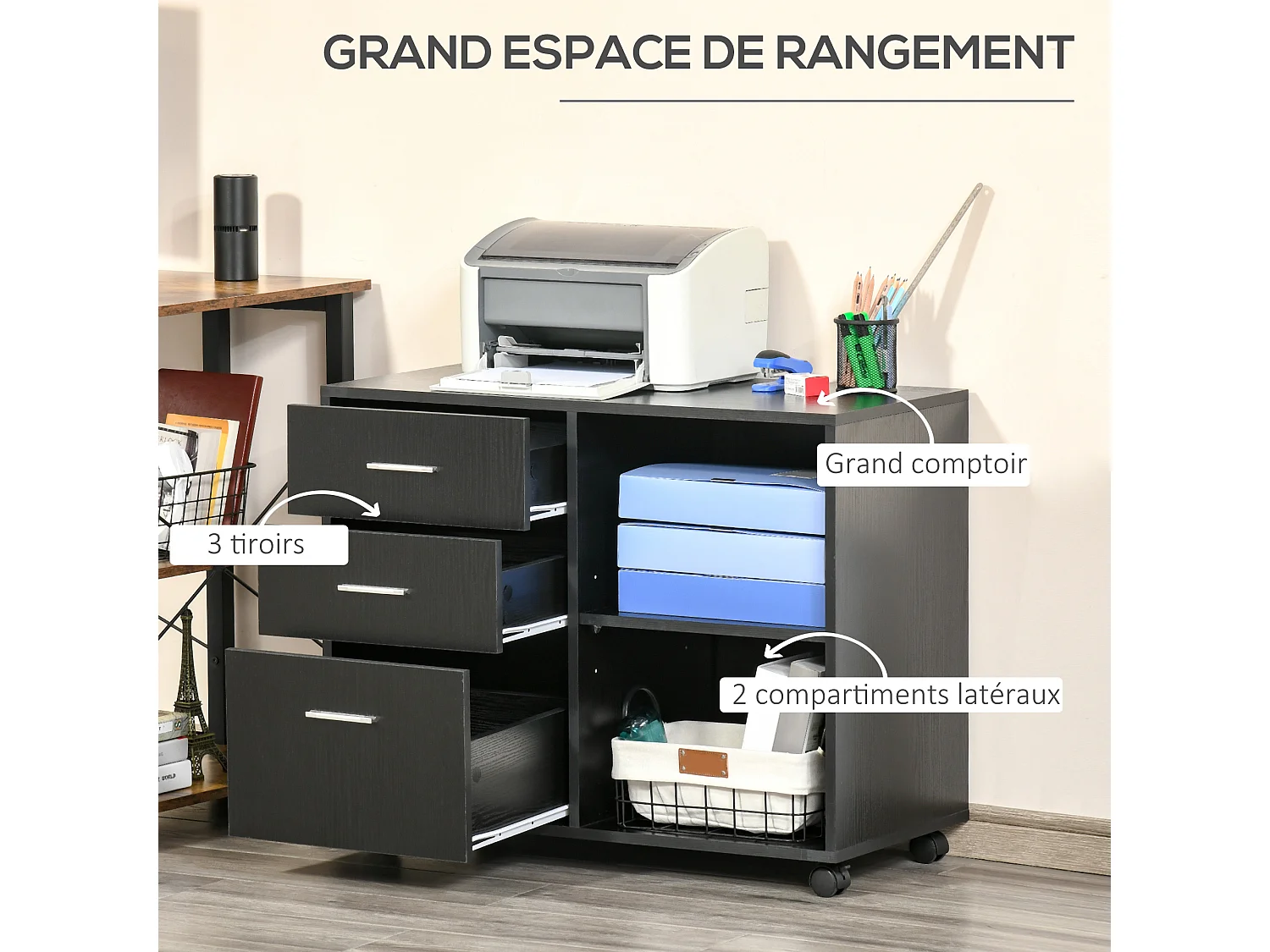 HOMCOM Support d'imprimante organiseur bureau caisson 3 tiroirs + 2 niches + grand plateau panneaux particules noir