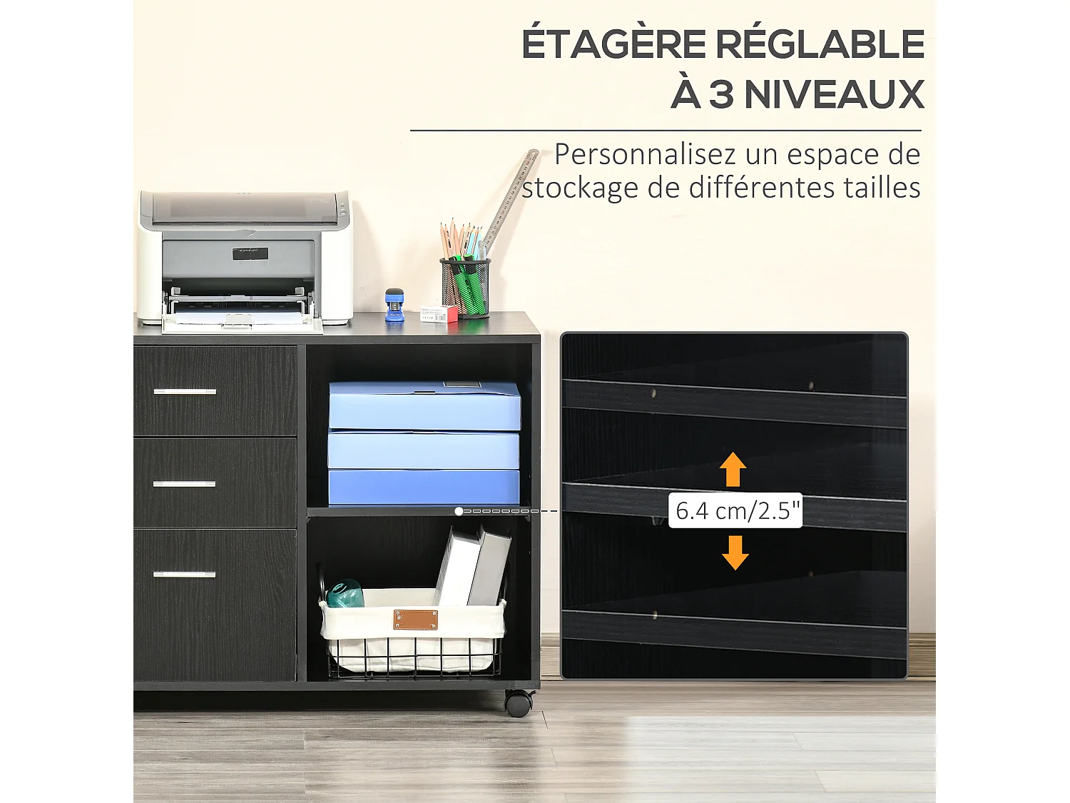 HOMCOM Support d'imprimante organiseur bureau caisson 3 tiroirs + 2 niches + grand plateau panneaux particules noir