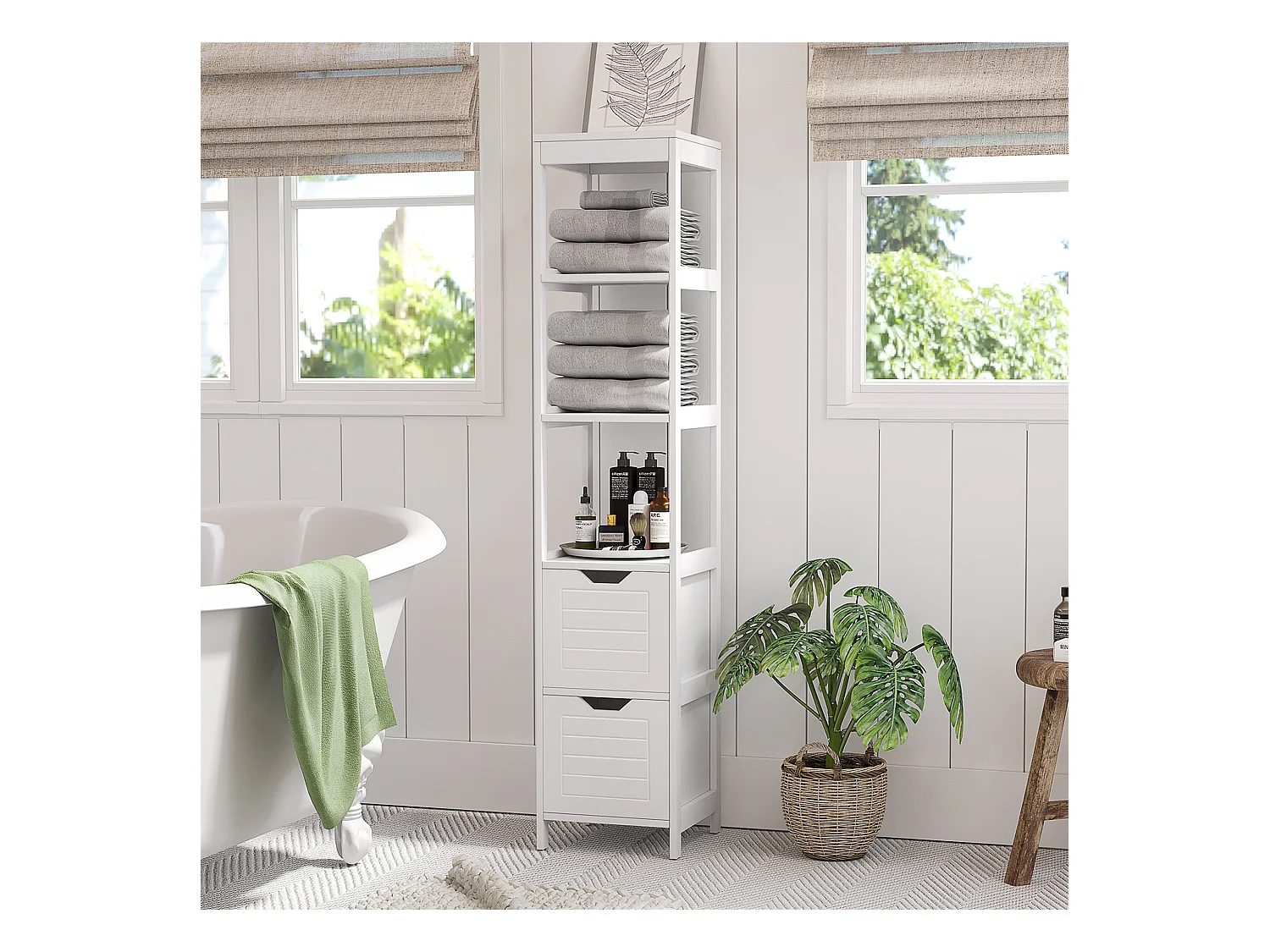 Meuble colonne rangement salle de bain dim. 30L x 30l x 144H cm 2 tiroirs 3 étagères MDF blanc