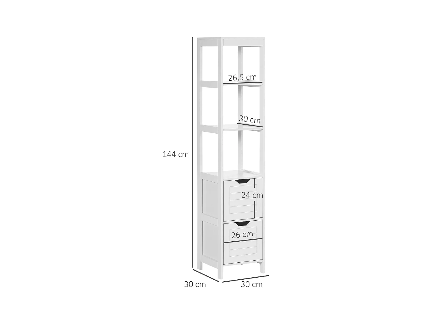 Meuble colonne rangement salle de bain dim. 30L x 30l x 144H cm 2 tiroirs 3 étagères MDF blanc