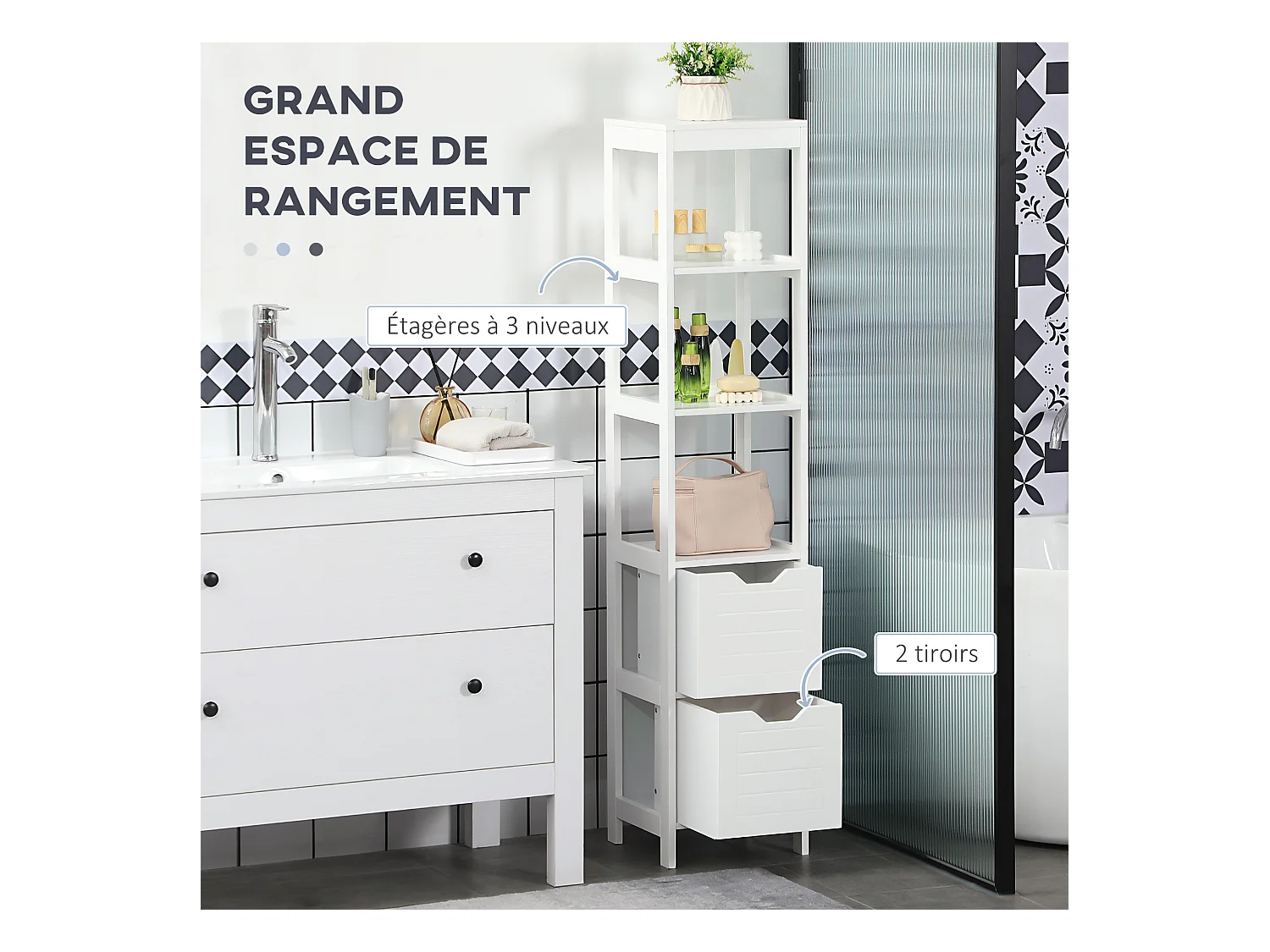 Meuble colonne rangement salle de bain dim. 30L x 30l x 144H cm 2 tiroirs 3 étagères MDF blanc