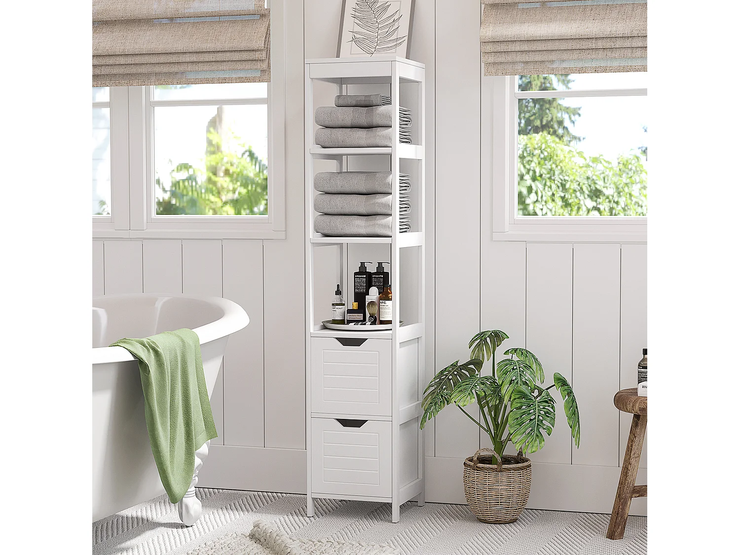 Meuble colonne rangement salle de bain dim. 30L x 30l x 144H cm 2 tiroirs 3 étagères MDF blanc