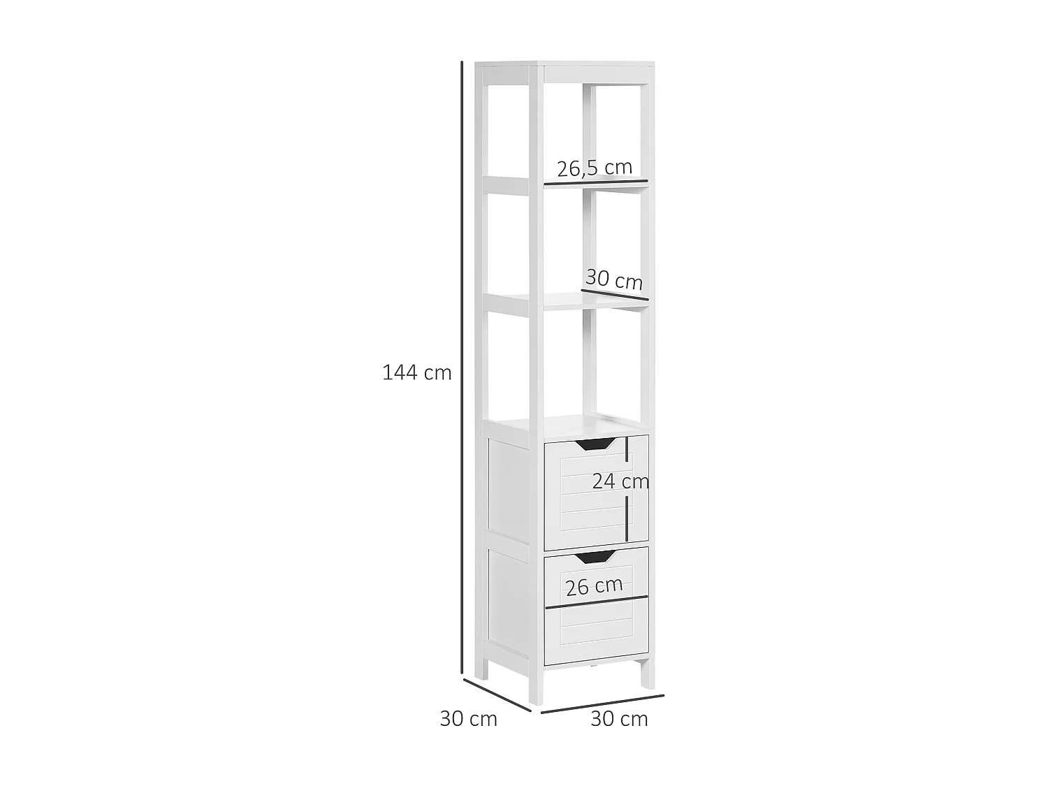 Meuble colonne rangement salle de bain dim. 30L x 30l x 144H cm 2 tiroirs 3 étagères MDF blanc