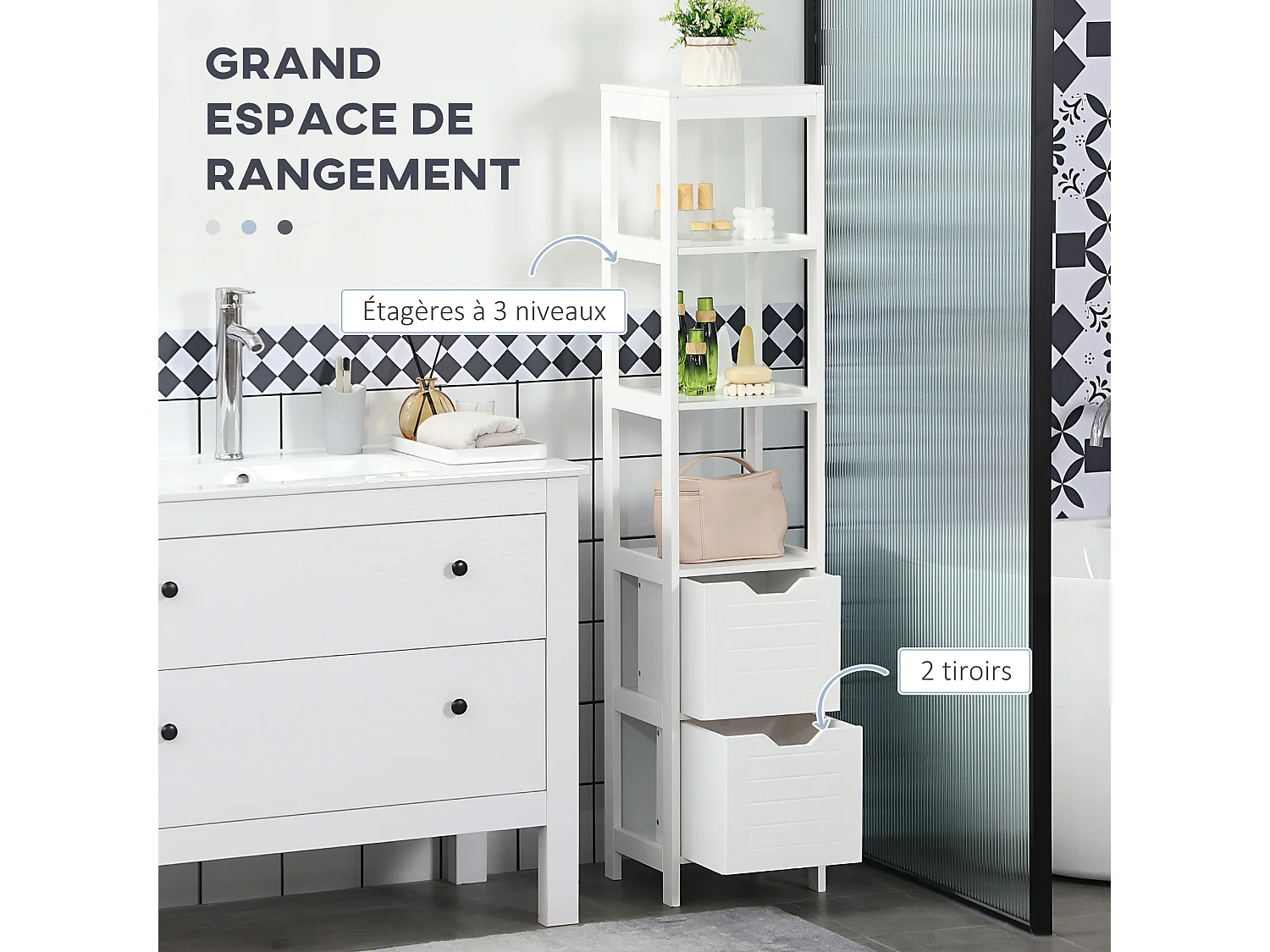 Meuble colonne rangement salle de bain dim. 30L x 30l x 144H cm 2 tiroirs 3 étagères MDF blanc
