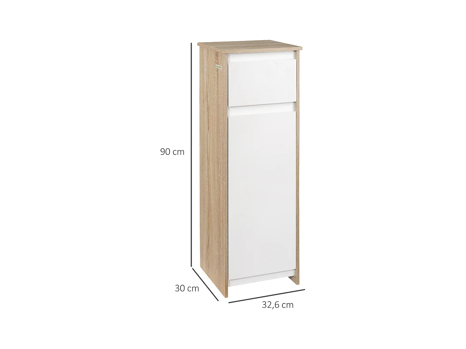 Meuble colonne bas salle de bain style cosy dim. 32L x 30l x 90H cm porte étagère tiroir MDF blanc aspect chêne clair