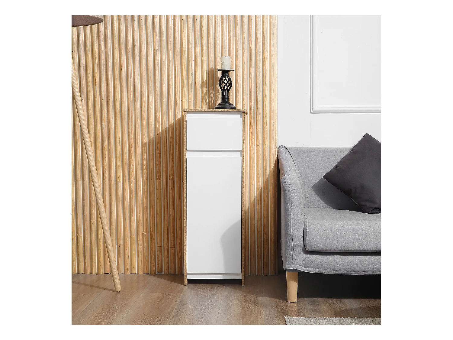 Meuble colonne bas salle de bain style cosy dim. 32L x 30l x 90H cm porte étagère tiroir MDF blanc aspect chêne clair